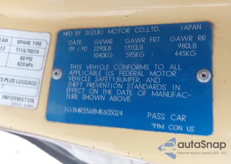 1991 Geo Metro Lsi Sprint Cl from USA, damaged, VIN JG1MR3368MK605024